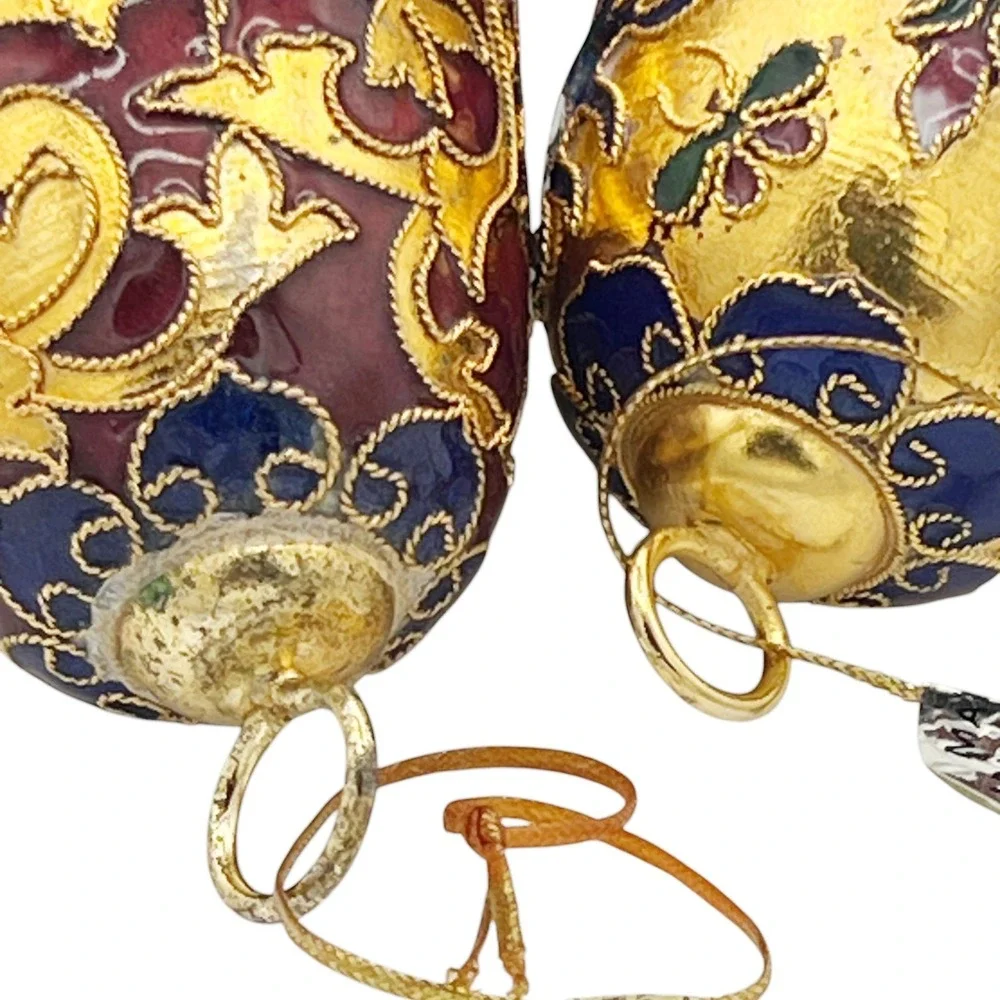 2 VTG Cloisonné Enamel Bell Ornaments Red & Gold Floral Scrollwork Gilt Brass 3